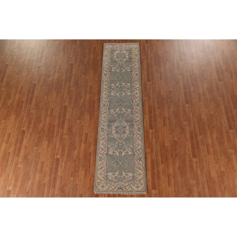 Green Oushak Indian Runner Rug Hand-knotted Wool Carpet - 2'6"x 9'11"