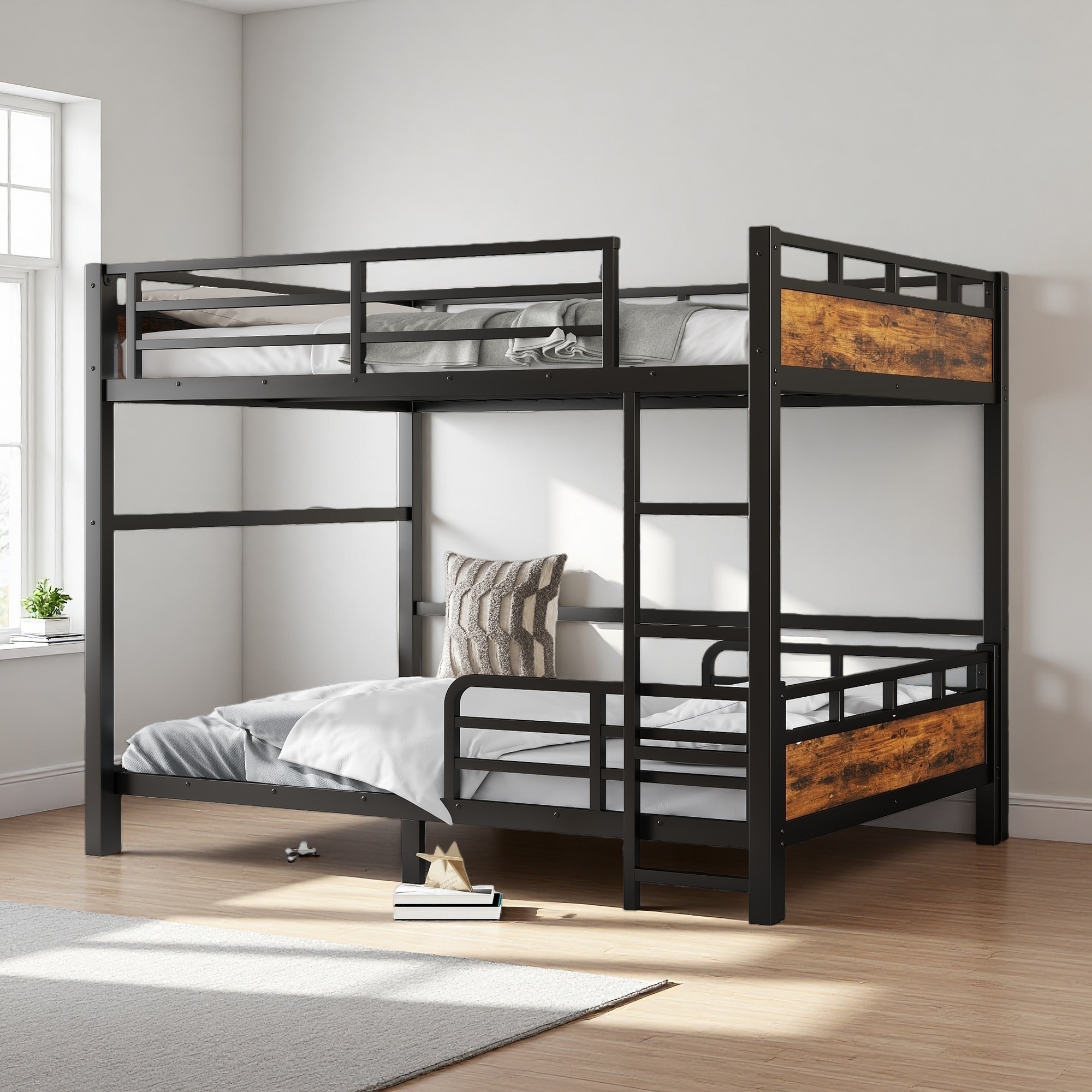 Queen over Queen Metal Bunk Bed with Separable Design, Raised Security Fence, and Noise-Free Slats