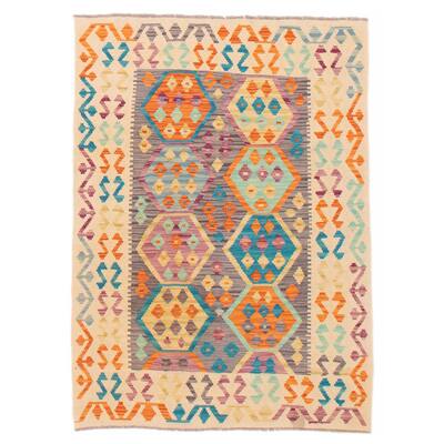ECARPETGALLERY Flat-Weave Bold and Colorful Cream Wool Kilim - 4'2 x 5'8