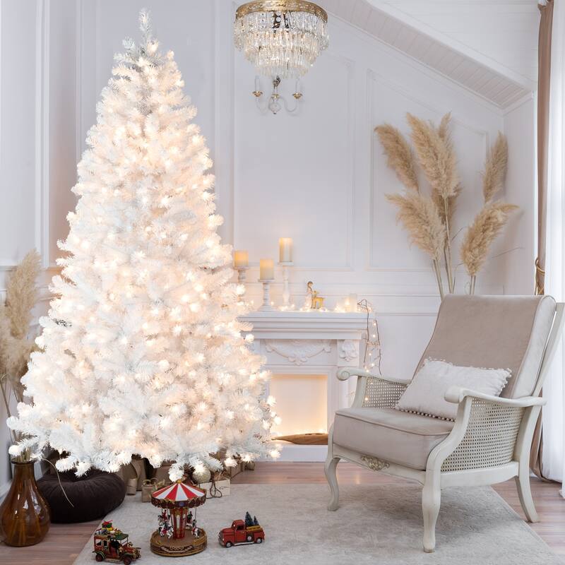 9FT Pre-Lit Christmas Tree with Memory Wire-650 Warm Incandescent Lights, Stable Metal Stand, PVC Artificial Holiday Tree - White