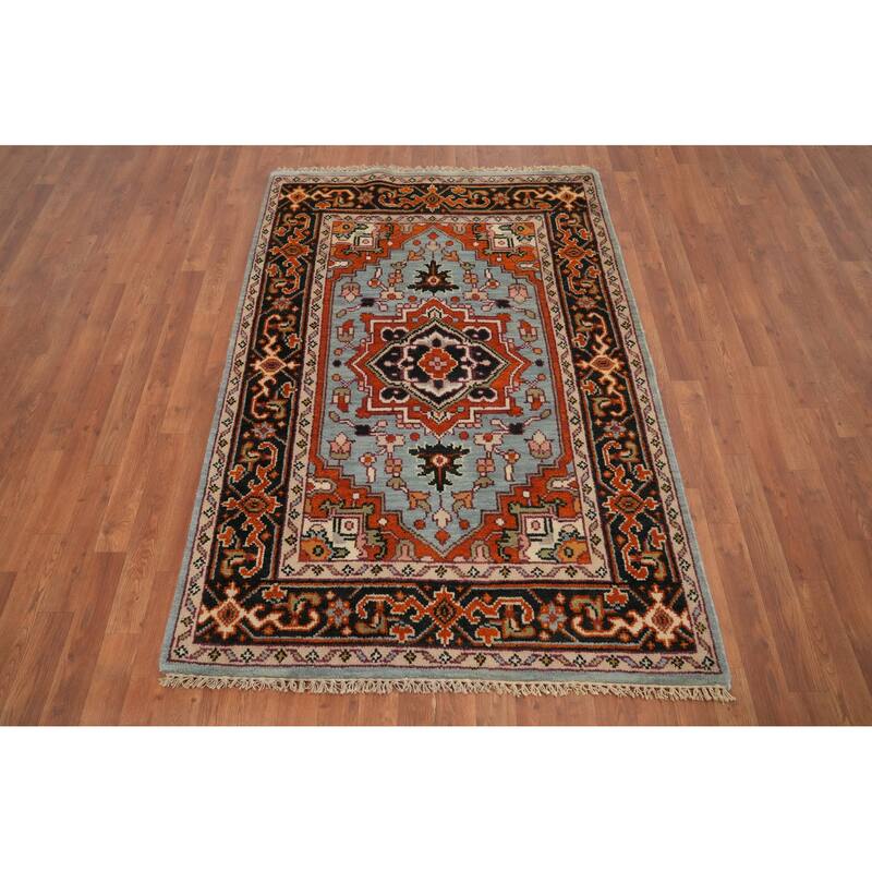 Hand Knotted Oriental 100% Wool Carpet Traditional Medallion Navy Blue & Blues Heriz (serapi) Area Rug - 5' 10'' X 4' 0''
