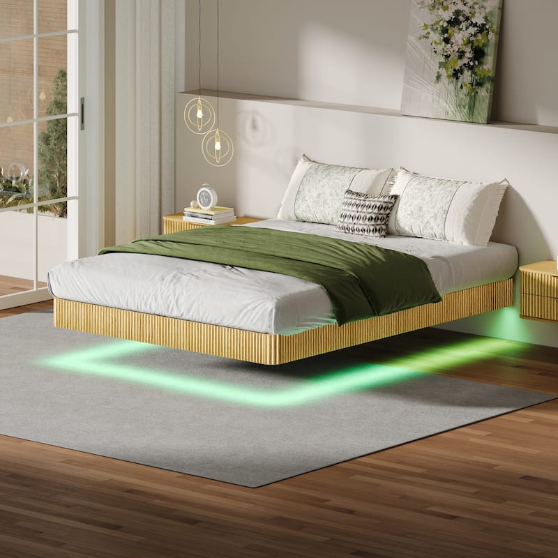 Modern Floating Bed Platform - LED Ambient Lighting with Wave-Pattern Wood Veneer & Reinforced Steel Slat System‌ - Oak - Queen