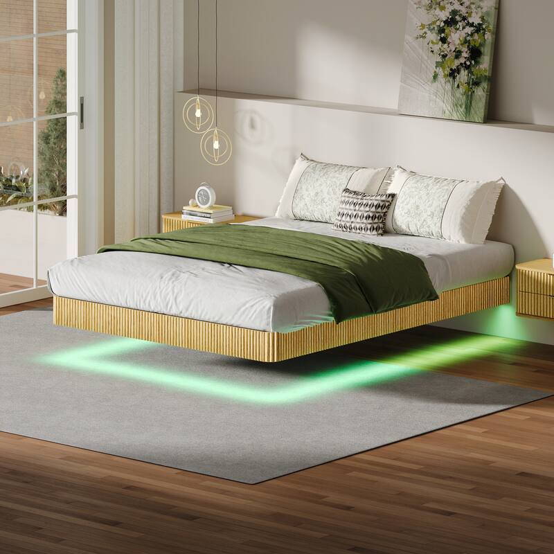 Oak Queen Floating Bed Frame with LED Lights