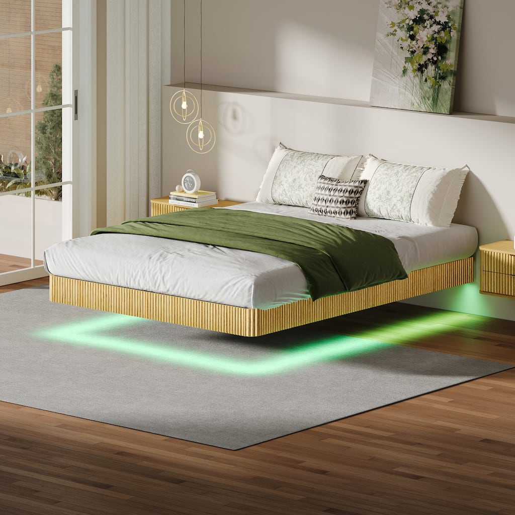 Oak Queen Floating Bed Frame with LED Lights