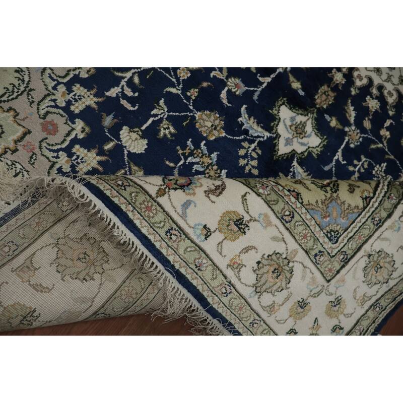 Hand Knotted Oriental Silk Carpet Traditional Floral Navy Blue & Blues Kashmar Area Rug - 7' 10'' X 5' 0''