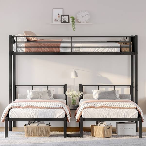 slide 2 of 12, Black Metal Triple Bunk Bed, Twin Over Twin & Twin XL Over Twin with Guardrails Black - Twin
