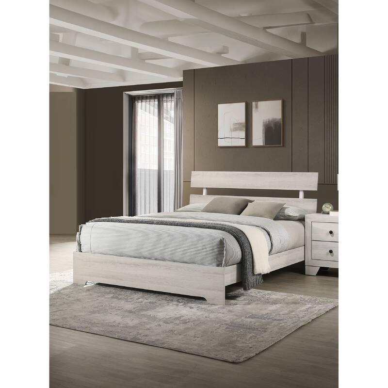 Rustic Queen Platform Bed with Slat Headboard, Low-profile Frame, White Wash Finish, Contemporary Style