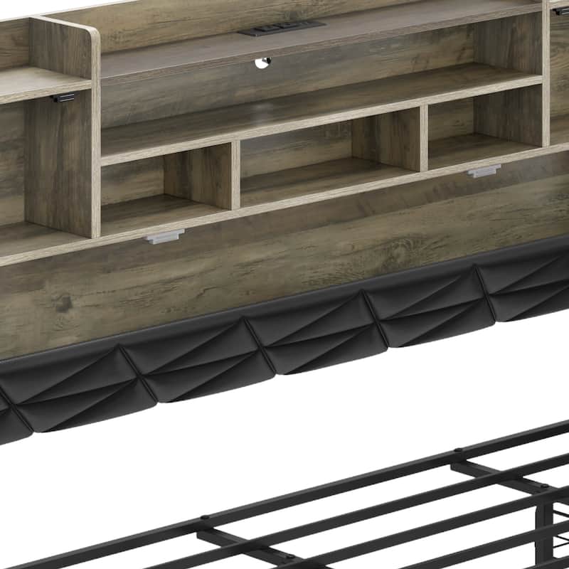Queen/King Upholstered Bed Frame with RGB LED Lights & Storage Bookcase Headboard