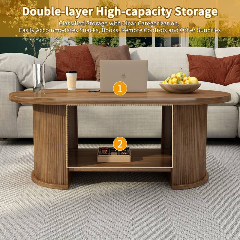47" Oval Fluted Coffee Table with Storage Shelf, Farmhouse Mid-Century Dual Base Center Table