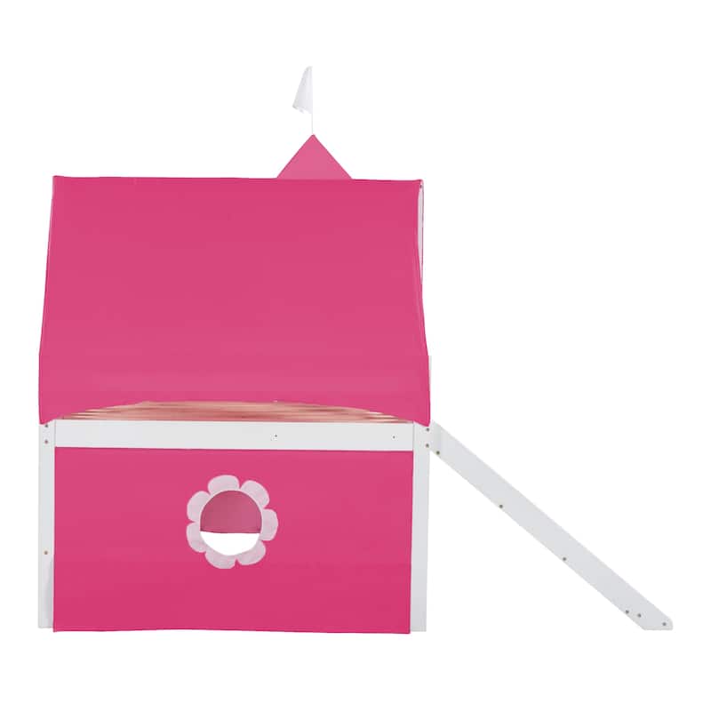 Playhouse Low Loft Bed with Slide, Pink Tent and Tower, Solid Pinewood Floor Bunk Bed Frame, Wooden Slats Support