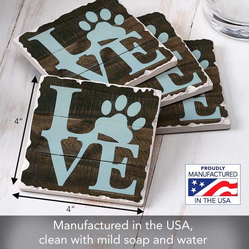 Love Pets 4 Pack Absorbent Stone Coasters with Protective Cork Backing 4" Square Made in The USA Artistic Easily Wipes Clean