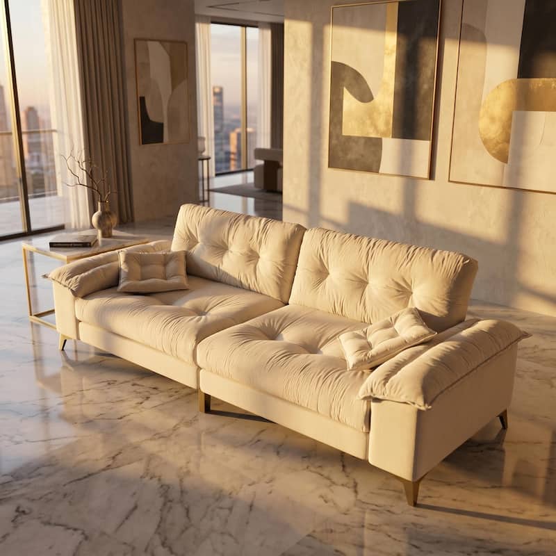 Homy Casa 4-Seat Cloud Sofa with Wide Removable Armrests & Pillows, Golden Legs, Beige Grey
