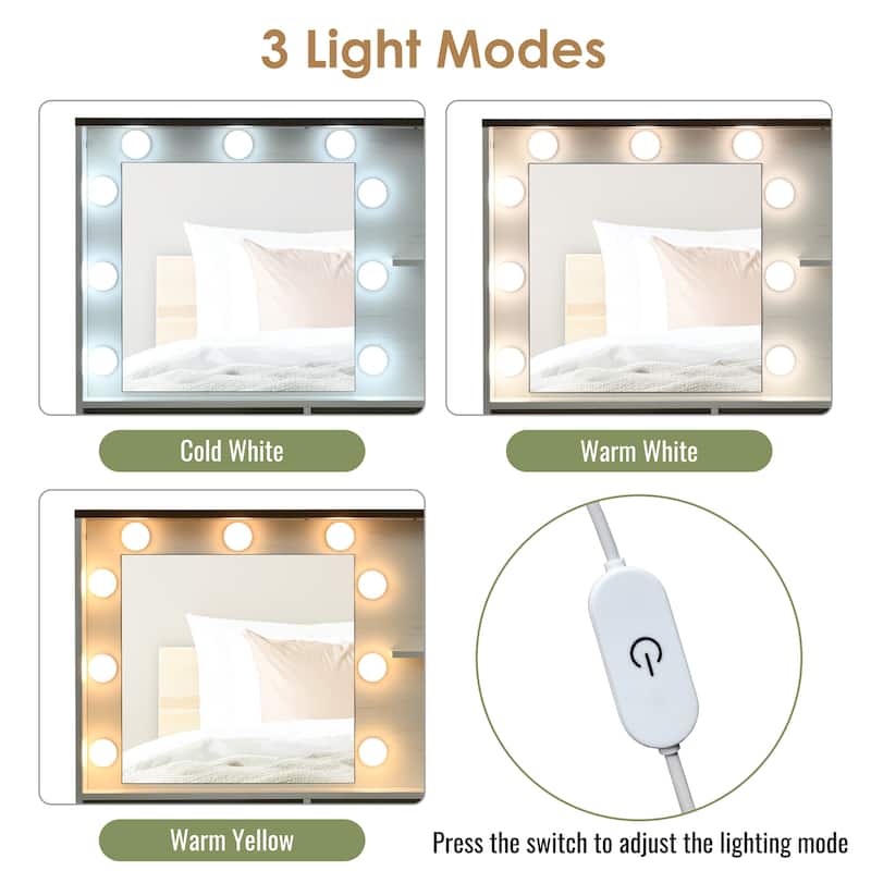 White Farmhouse Makeup Vanity with Mirror Lights, 3 Modes, Adjustable Shelves, Drawers & Storage Stool