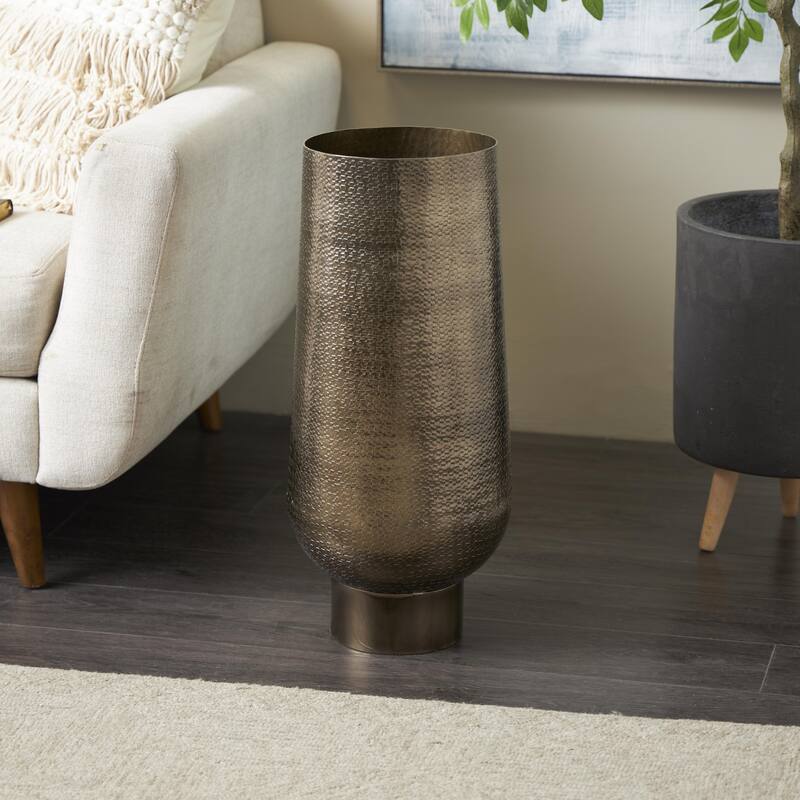 Brass Aluminum Metal Textured Wide Floor Geometric Decorative Vase with Elevated Base