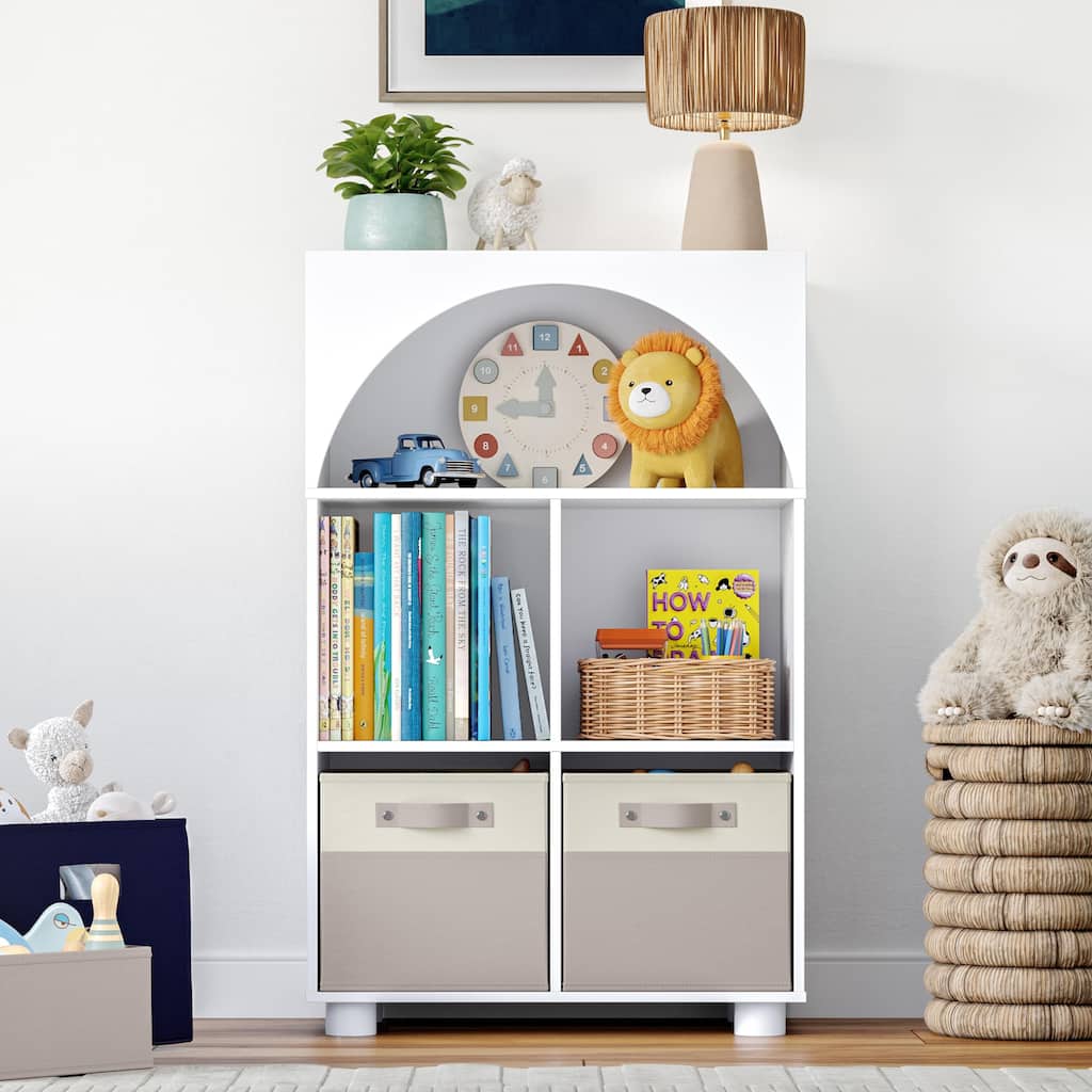 RiverRidge Kids Curve Appeal 23" Bookcase with 4 Cubbies and Arched Design -Bookshelf Toy Storage Organizer -White/Optional Bins