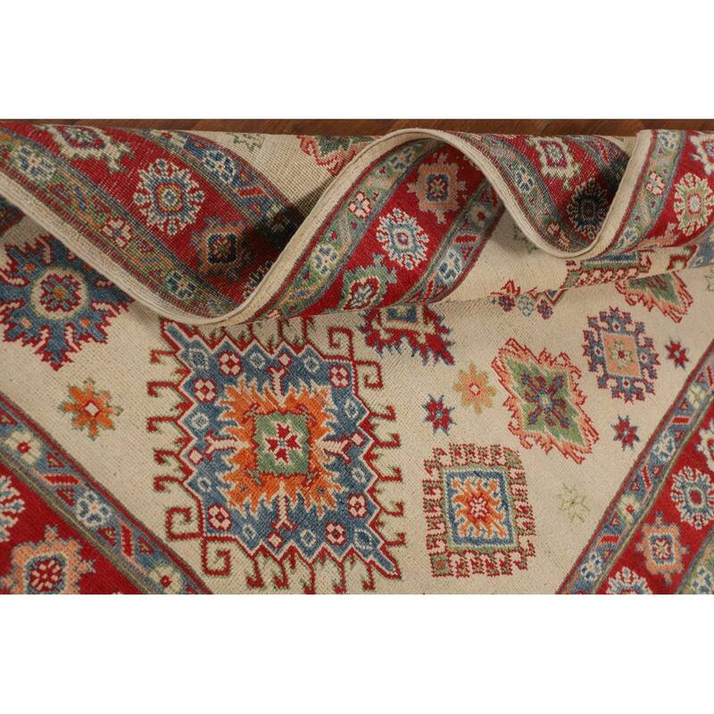 Red Geometric Kazak Area Rug Handmade Oriental Wool Carpet - 4'0" x 6'0"