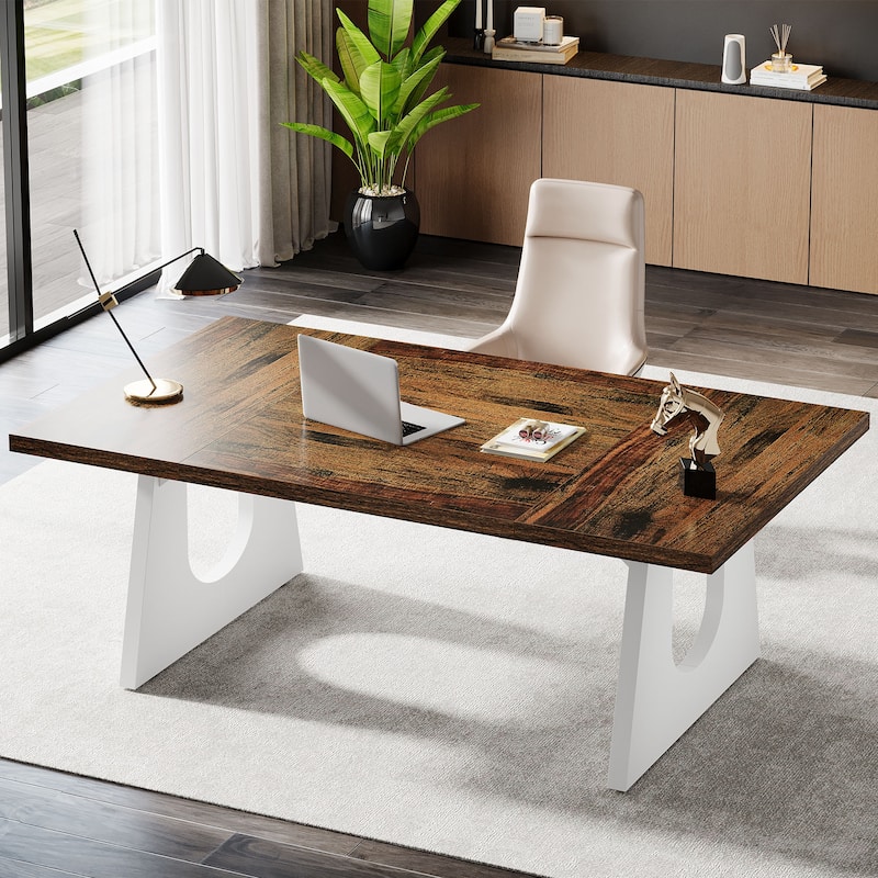 70.9 Inches Executive Desk Rectangular Computer Office Desk with Large Desktop - Brown & White