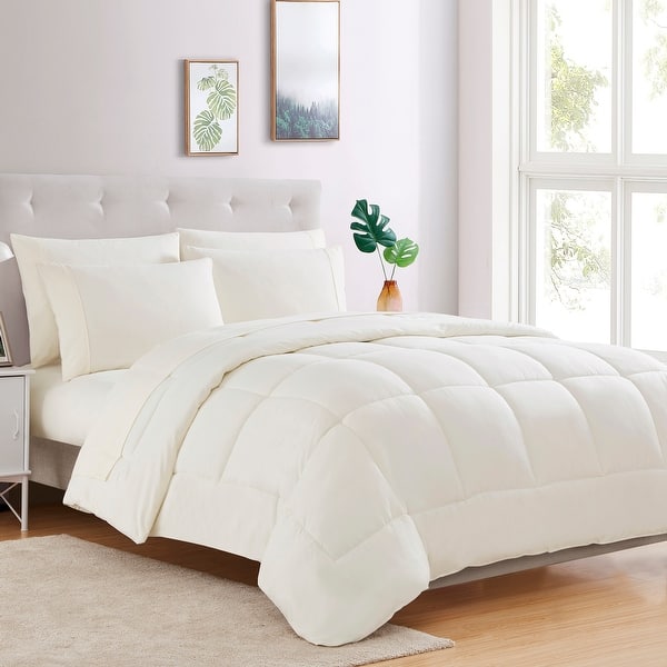 Queen Luxury Solid Color Bed In A Bag With Comforter & Sheet Set - Ivory