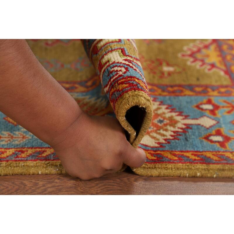 Kazak Accent Rug Handmade Yellow Geometric Wool Carpet - 3'4" x 4'10"