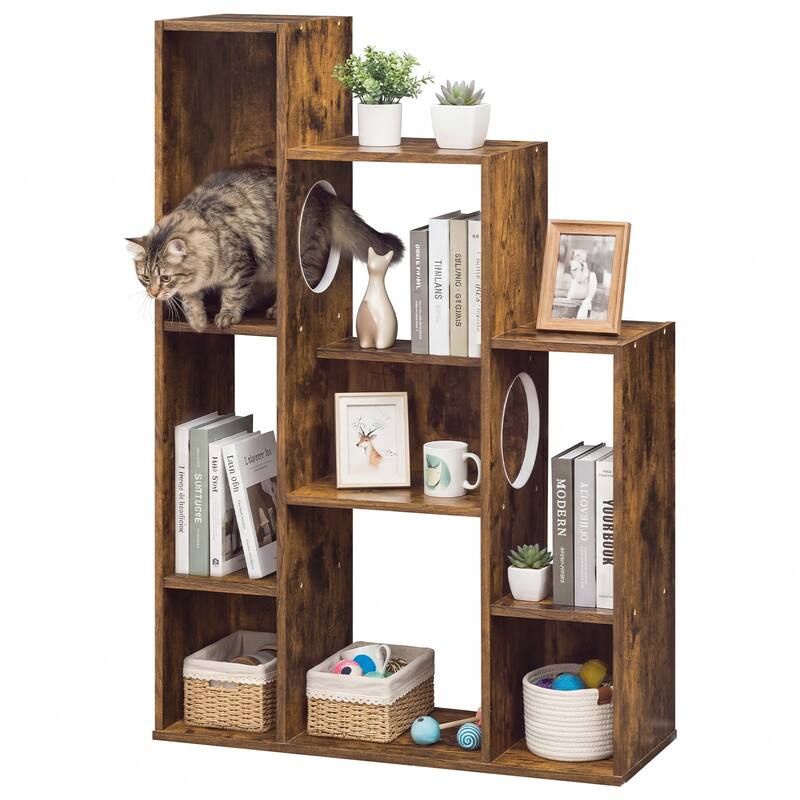 Gymax Modern Cat Bookshelf w/ 2 Round Holes Anti-Tipping Device for - Rustic Brown