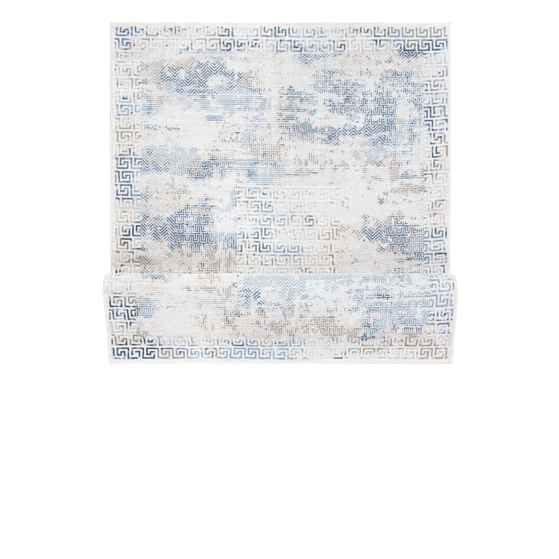Trendy Collection Neutral Ivory, Tan, and Blue Greek Key Rug