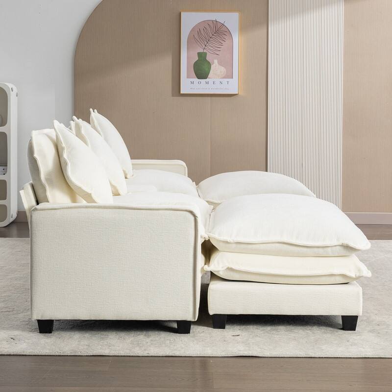 112.6 "Chenille Upholstered Sofa, Two Removable Ottomans, Two USB Ports