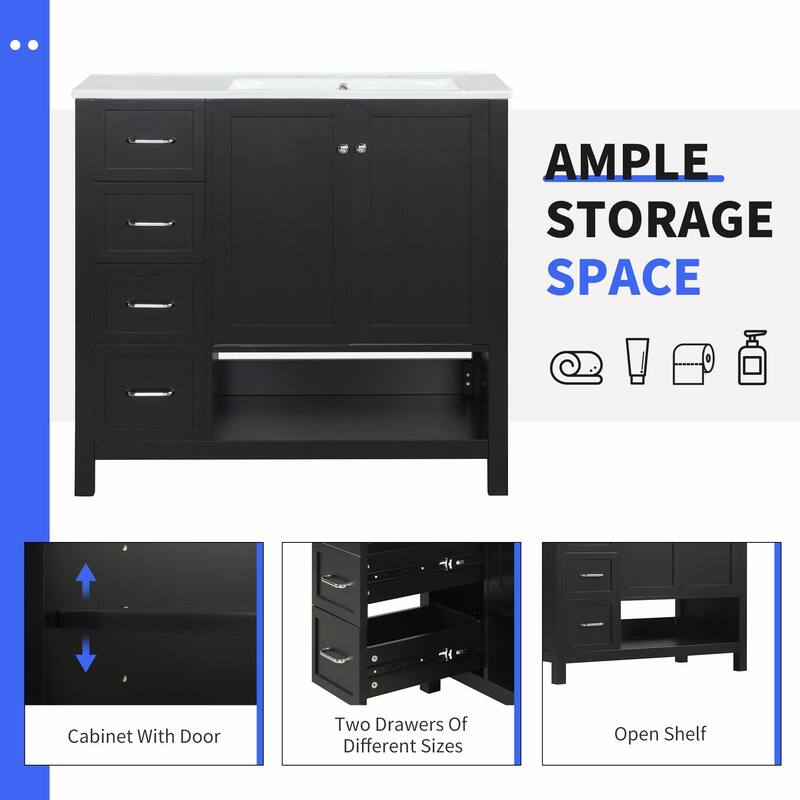 36" Bathroom Vanity - Sink Top, Two Doors, Two Drawers, and Open Shelf