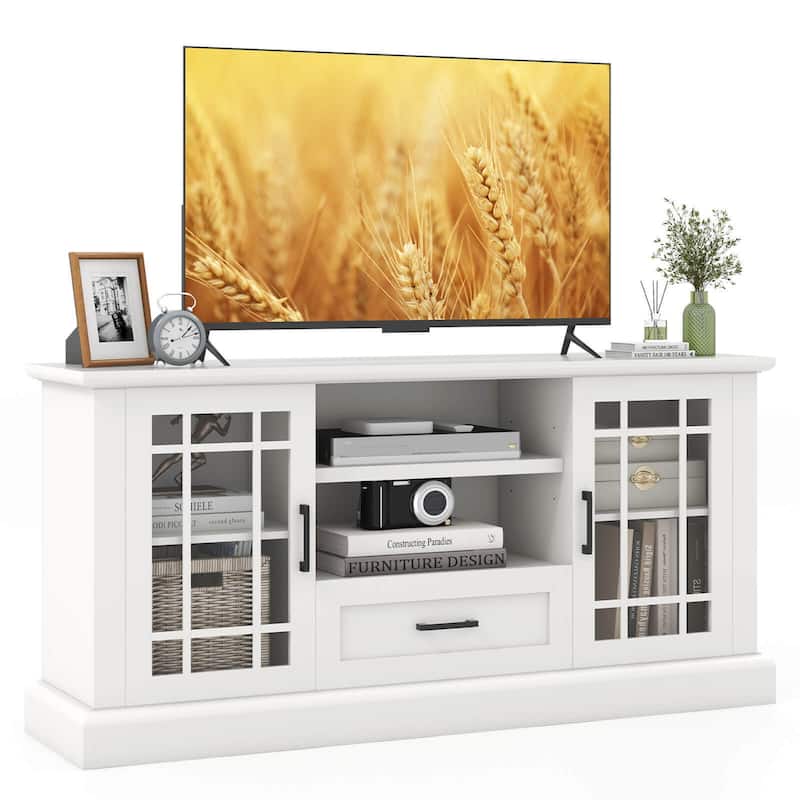 Gymax Farmhouse TV Stand for TVs up to 70'' Media Center w/Glass Doors - White