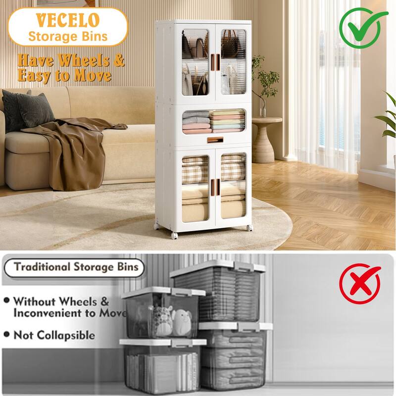 Javlergo 5-Tier Rolling Storage Cabinet White Plastic Wardrobe with Transparent Doors Locking Wheels & Drawer for Bedroom Closet
