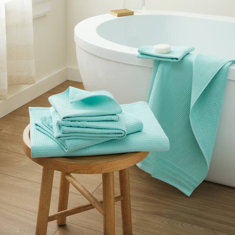 TOWN & COUNTRY BASICS 6-Piece Assorted Waffle Woven Terry Stripe Set, 2 Bath, 2 Hand, 2 Wash, 100% Cotton, Quick Dry