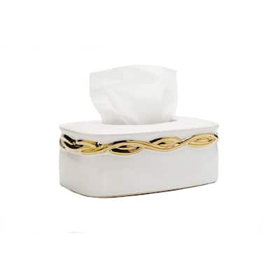 White Tissue Box Gold Rounded Design - 10"L