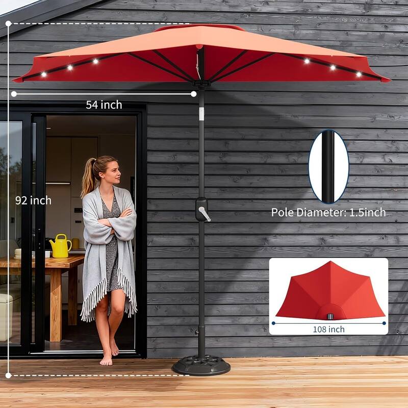 9FT Half Patio Umbrella with Smooth Crank Lift, Shade Canopy for Patio, Backyard, Garden with LED Lights (No Base)