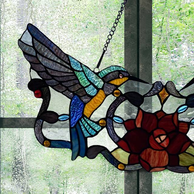 River of Goods Stained Glass 12-inch Hummingbird Floral Window Panel