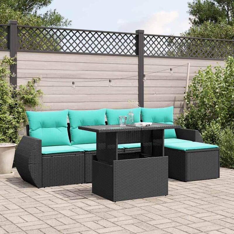 vidaXL Patio Sofa Set with Cushions and Table Outdoor 6 Piece Poly Rattan - 21.7 x 24.4 x 27.2 - Black without storage