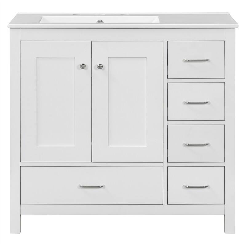 36'' Bathroom Vanity with Ceramic Sink Combo, Modern Bathroom Vanity Cabinet with 2 Soft Close Doors and 5 Storage Drawers