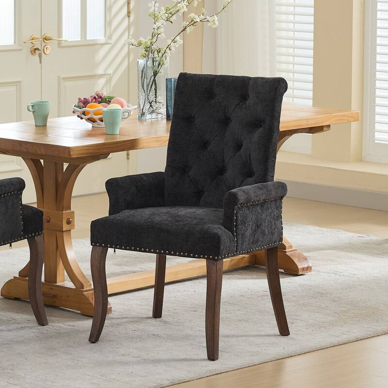 GDF Studio- Chenille Upholstered Dining Chair with Tufted Back & Curved Wood Legs, Single Pack - Black