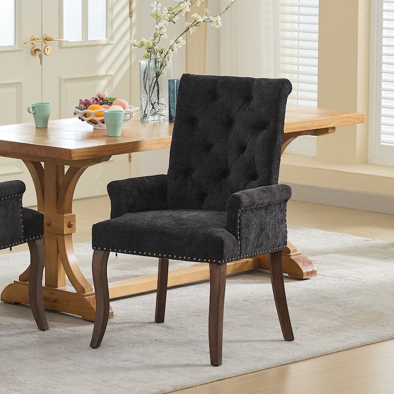 Upholstered Chenille Fabric Accent Dining Chair with Curved Solid Wood Legs, Elegant Tufted Club Dining Chair. - Black