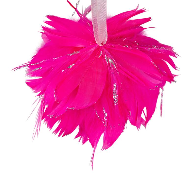 Glittered and Feathered Ball Christmas Ornament - 4" - Hot Pink