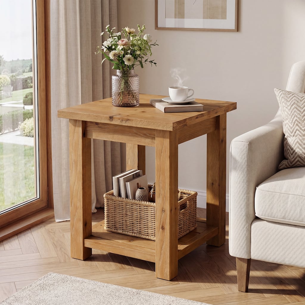 2-Tier Solid Wood End Table, Farmhouse Side Table with Storage Shelf - 23.62'' H X 19.7'' W X 19.7'' D