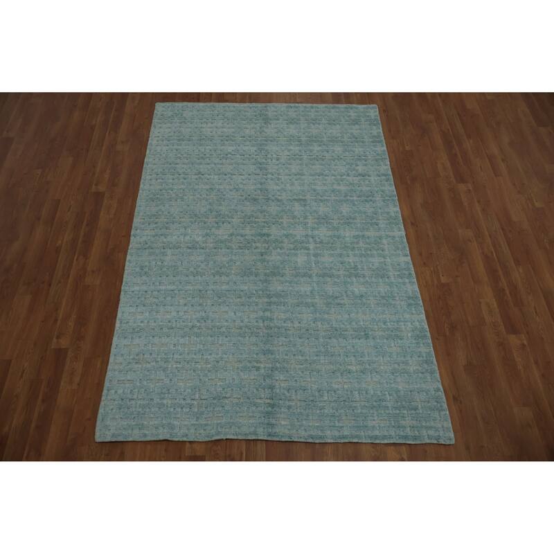 Hand Knotted Oriental Silk Carpet Modern Geometric Navy Blue & Blues Gabbeh Area Rug - 7' 4'' X 4' 11''