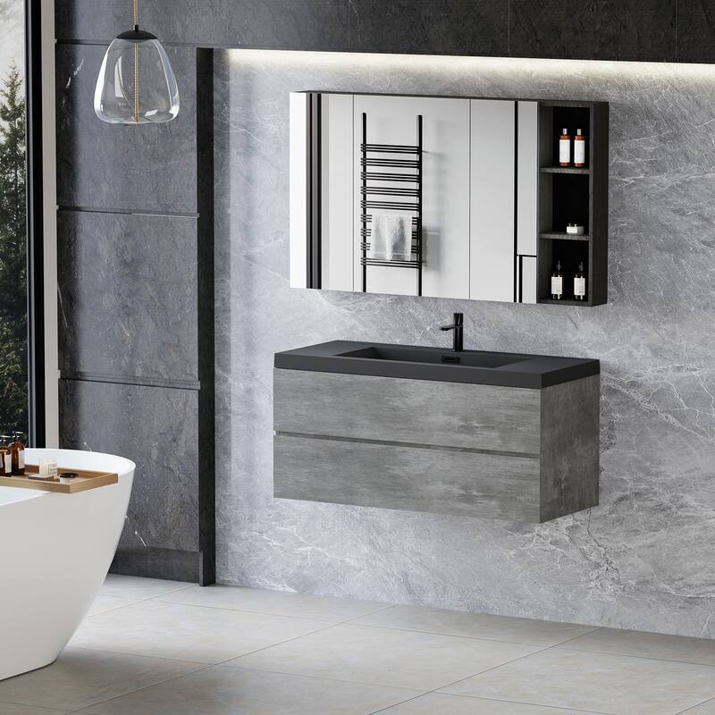 24/30/36/48/60 inch Melamine Floating Bathroom Vanity with Sink and Black Quartz Sand Top Basin and Soft Close Drawers