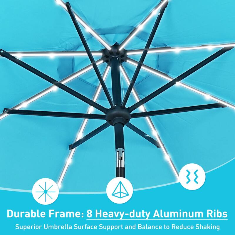 Ainfox 10ft Solar Patio Umbrella 40 LED Lighted and Umbrella Base, Strip Lights Outdoor Market Table Umbrella