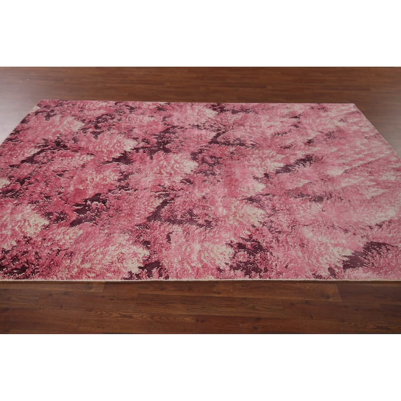 All-Over Modern Pink Abstract Indian Area Rug Hand-Knotted Wool Carpet - 5'11"x 8'11"