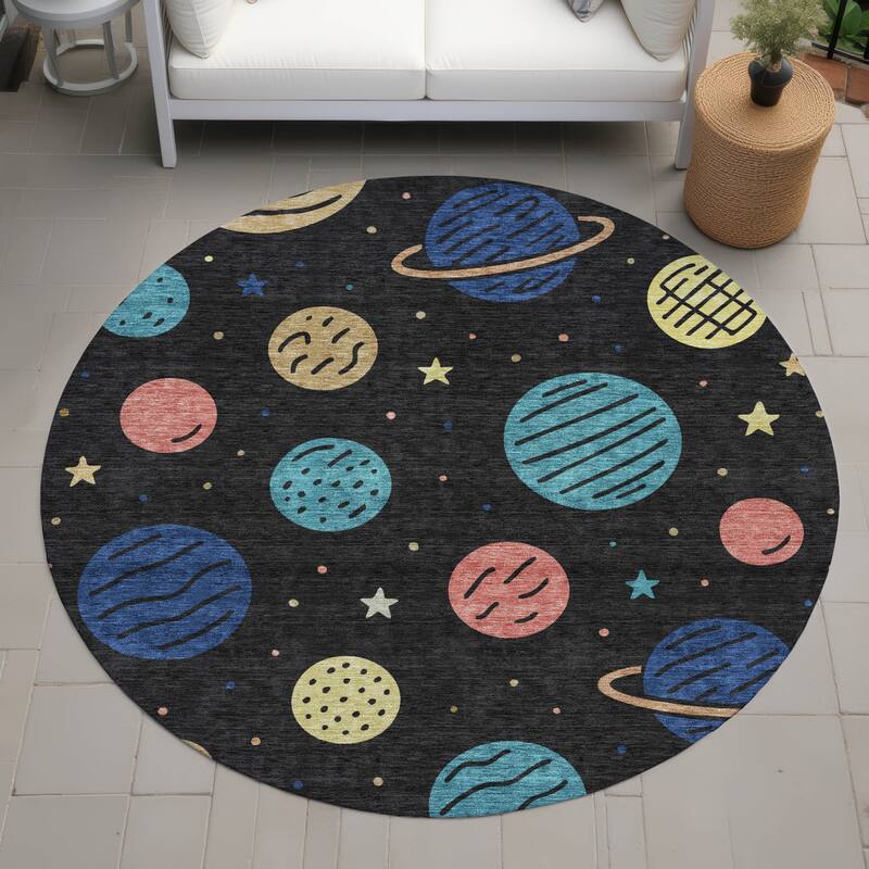 Machine Washable Indoor/ Outdoor Modern Planets Chantille Rug - Black - 8' x 8'