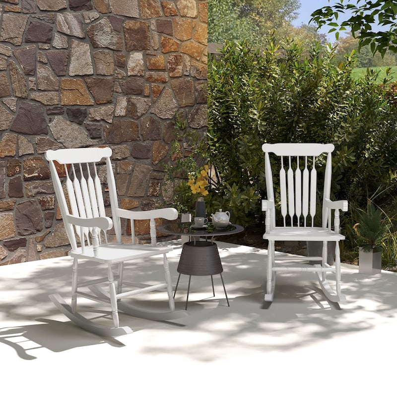 Outsunny Outdoor Wood Rocking Chairs Set of 2, 350 lbs. Porch Rockers with High Back for Garden, Patio, Balcony, White - White