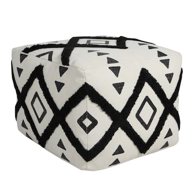18" White Cotton Geometric Pouf Ottoman for Living Room and Bedroom Seating