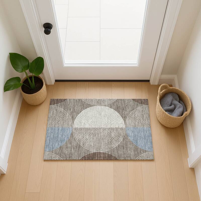 Machine Washable Indoor/ Outdoor Casual Circles Chantille Rug