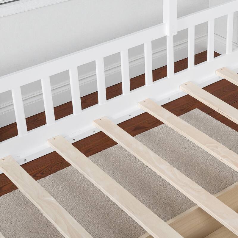 Twin House Bed with Sofa, Two Storage Drawers & Shelf, Kids Playhouse Platform Bed with Pine Wood Frame