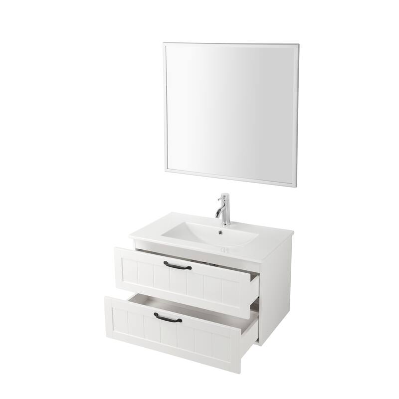 GDFStudio - 31.5" Modern Style Bathroom Cabinet, Double Drawer with Decor Line, Wall-Mounted Vanity