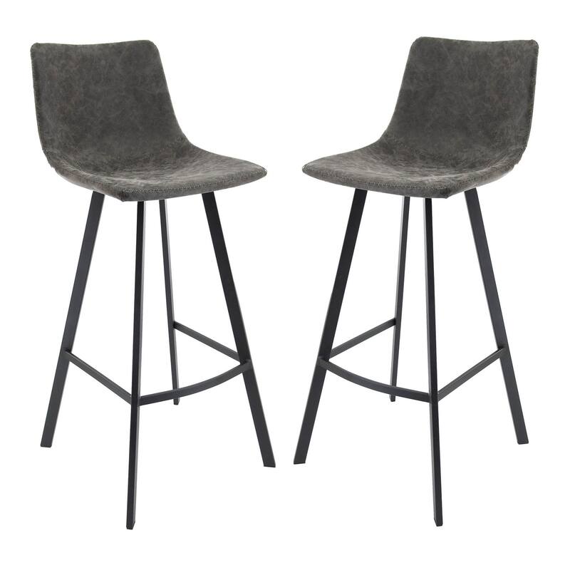 LeisureMod Leather Bar Stool With Iron Legs & Footrest Set of 2 - Grey - 18"Dx18"Wx41"H